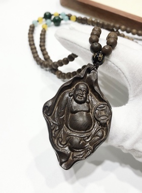 D160# 天然沉香木佛公吊坠30.23克 配沉香珠链6.3mm 60*39*9mm