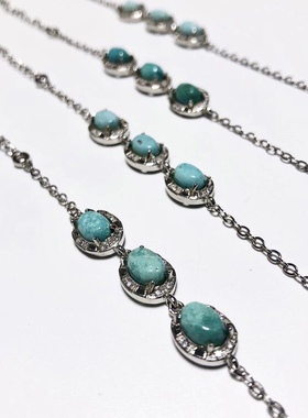 S1119# 天然原矿绿松石 S925银精工镶嵌精致款手链 单颗5*7*2mm