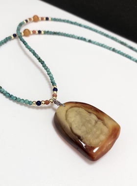 D1438# 天然原矿老蜜蜡带原皮宝宝佛吊坠 配原矿绿松石万能链