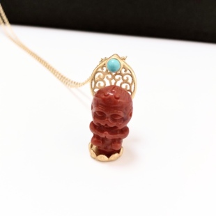 D45# 天然南红宝宝佛吊坠 老金配绿松 锁骨链 18K配链