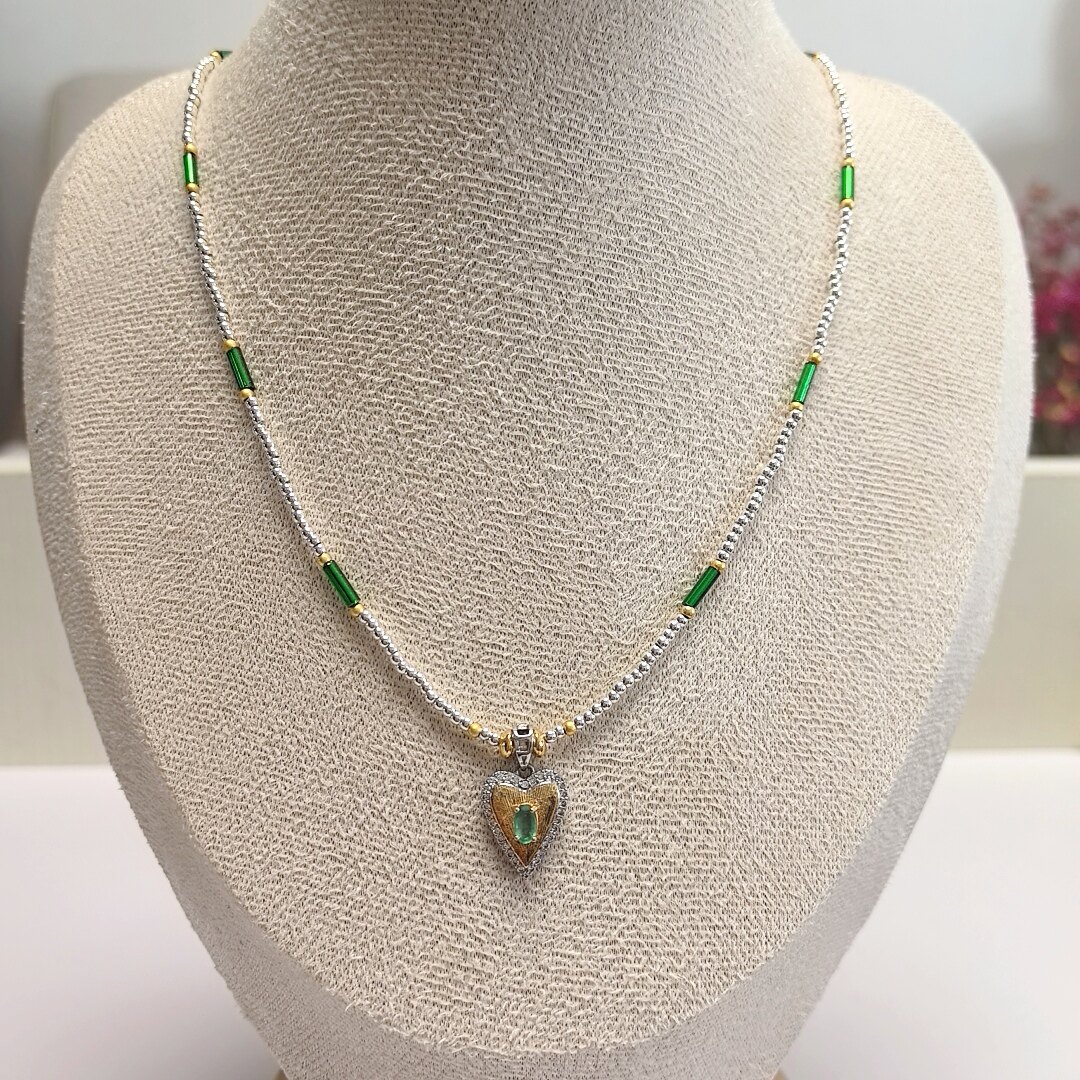 D1000# S925通体纯银双色镀真金拉丝金工艺祖母绿心形宝石吊坠