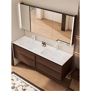 中古风陶瓷一体双盆洗漱台组合智能浴室柜卫生间台盆胡桃木洗手池