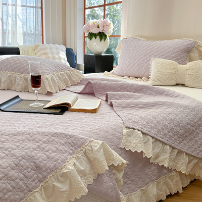 有态度韩版花边纯棉床盖三件套夹棉床单绗缝榻榻米垫可机洗四季用