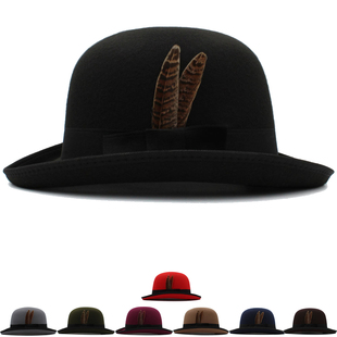 稍大头围春秋冬季男女椭圆顶波乐帽毛呢骑术帽羽毛装饰复古礼帽