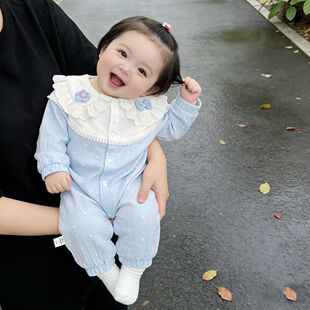 婴儿春季连体衣满月百天外穿爬服女宝宝公主洋气哈衣春秋爬服抱衣