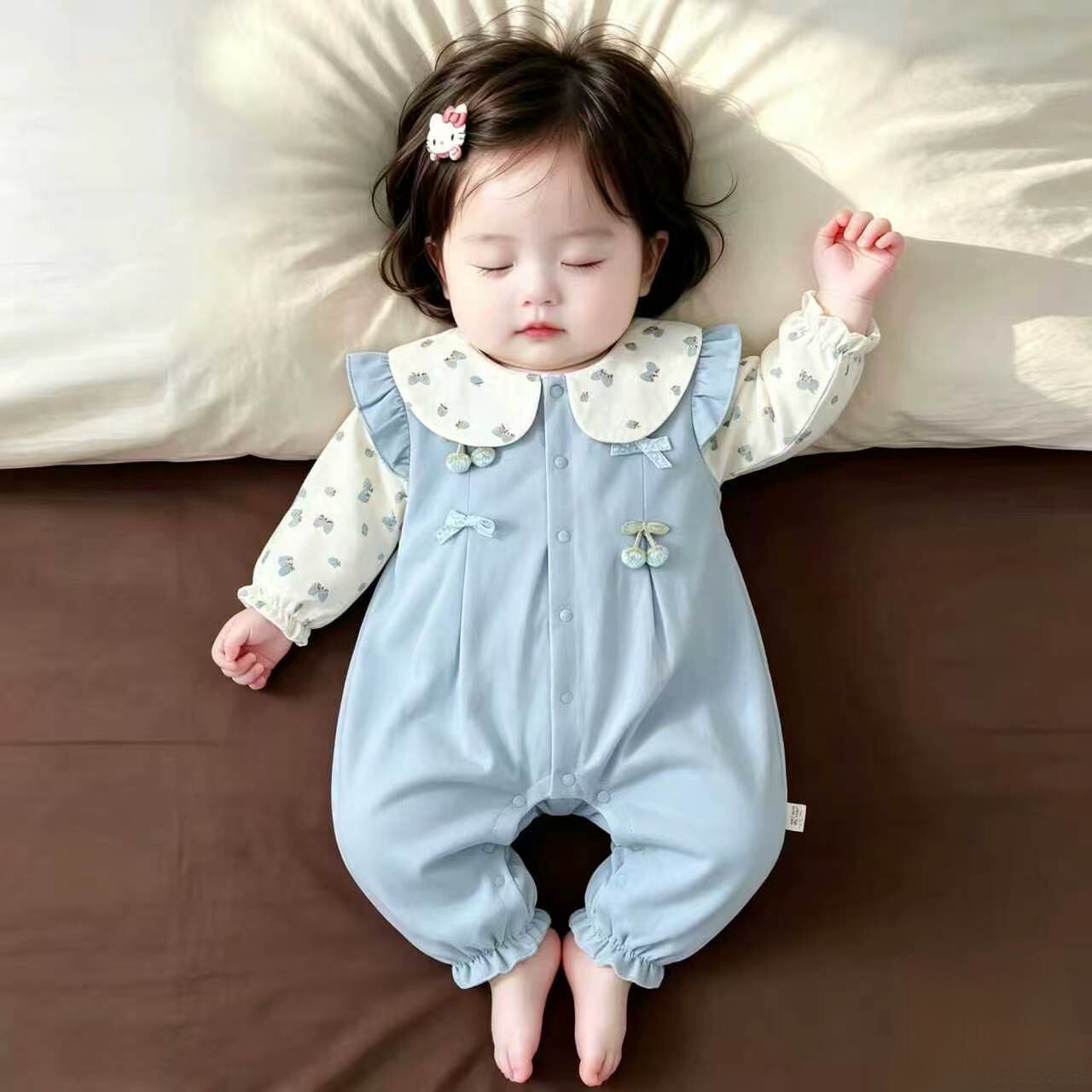 甜美公主风婴儿长袖连体衣春秋女宝宝娃娃领小月龄洋气外出爬服