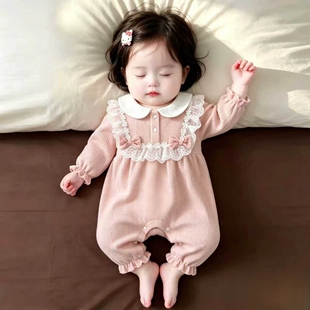 婴儿连体衣春秋季女宝宝翻领蕾丝可爱公主哈衣满月百日宴礼服夏装