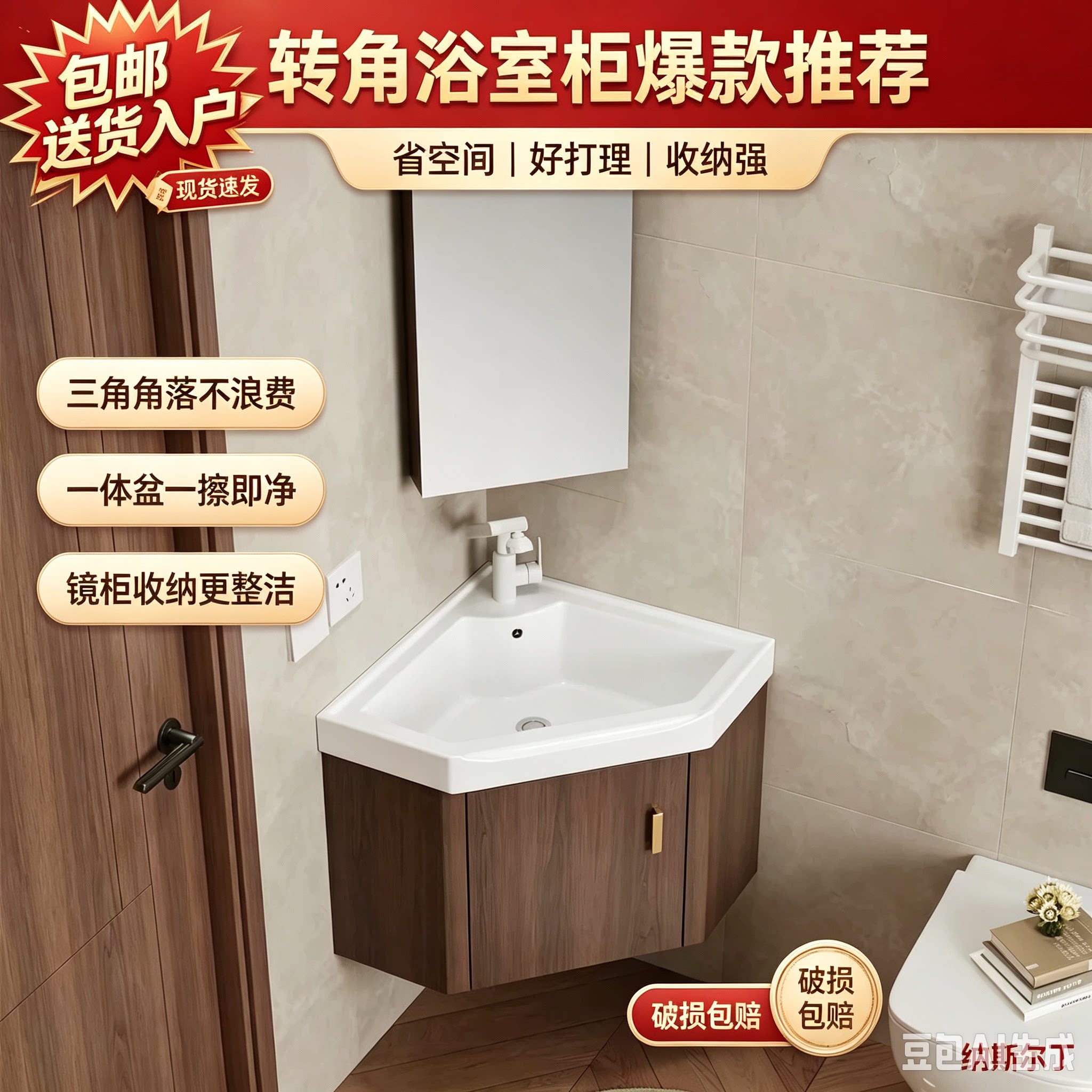防水防潮原木风小户型三角浴室柜洗手盆组合挂墙式转角洗脸盆面盆