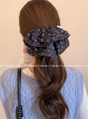 高级复古咖蓝色碎花大肠发圈发量多丸子头发绳韩国新款马尾扎头绳