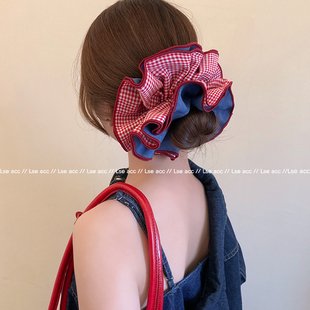 韩系英伦风布艺撞色格纹发圈四层头花大肠圈高级感马尾发绳头饰女