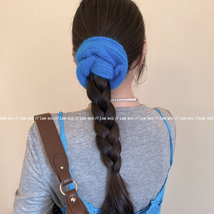 韩系蓝色大肠发圈超大头绳女扎发高级感秋冬发绳气质低丸子头发饰