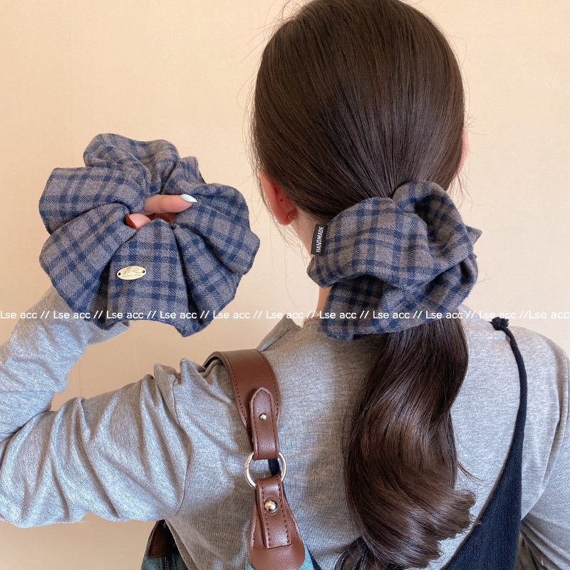 高品质蓝格纹发圈女高级感洋气时尚头绳扎马尾大肠圈皮筋发饰头饰