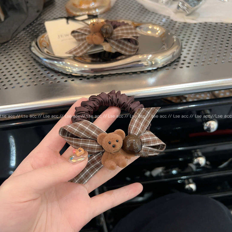 韩系新款格纹植绒小熊蝴蝶结发圈发绳日常扎发头绳发饰头饰