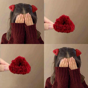 2026新年红色毛绒猫耳朵抓夹女秋冬发夹前额侧边刘海夹公主头发卡