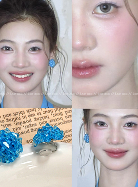 显白！清凉感蓝色串珠耳钉女小众气质耳环艺术生夏日度假风耳饰品