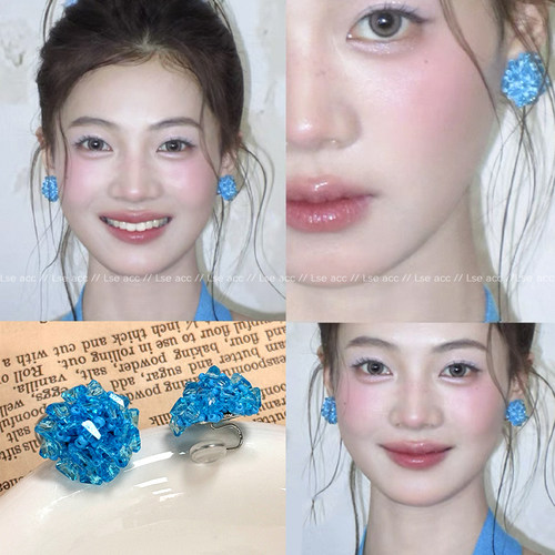 显白！清凉感蓝色串珠耳钉