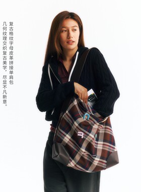 NORYBRAND 复古格纹彩色nory字母立体刺绣单肩挎包皮革拼接大容量