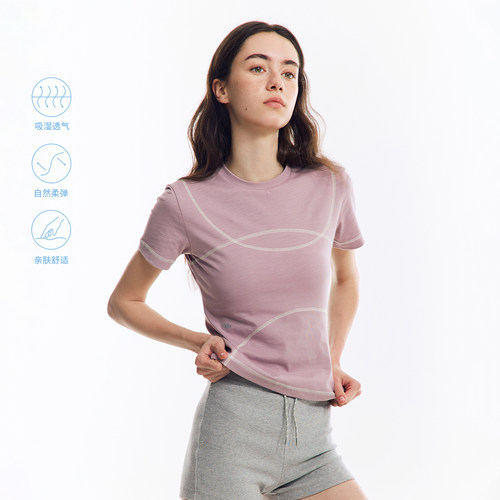 NORYBRAND女装/圆弧哈苏撞色竹节棉短袖简约修身显瘦T恤