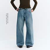 休闲裤 复古显瘦长裤 冰蓝水洗牛仔」廓形长裤 NORYBRAND「叠叠口袋