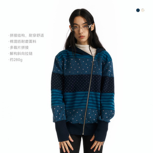 NORYBRAND 碎花拼接斜拉链卫衣女小众设计感春秋连帽休闲外套上衣