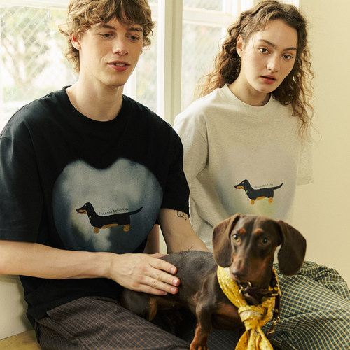 NORYBRAND生活系列 晕染爱心腊肠狗狗印花短袖 休闲通勤宽松T恤