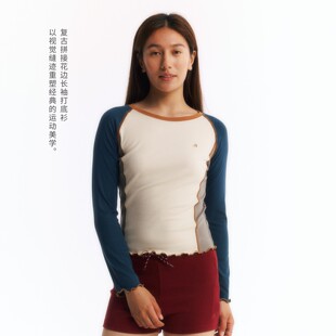 NORYBRAND复古拼接苏哈线花边长袖打底衫木耳花边撞色圆领内搭T恤