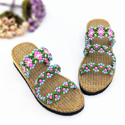 孺子牛夏季女手工编织坡跟凉拖鞋