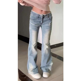 浅蓝微喇牛仔裤 长裤 女韩版 宽松高腰不贴腿显瘦百搭马蹄裤 新款 美式