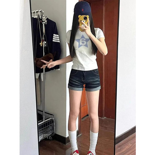 夏季小个子辣妹低腰卷边牛仔短裤