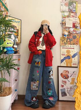 美式可爱卡通贴布牛仔裤裤子女款2026春季新款宽松休闲百搭阔腿裤