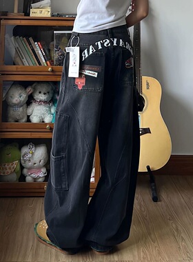 美式高街复古水洗阔腿牛仔裤春季黑色宽松印花新款显瘦拖地弯刀裤