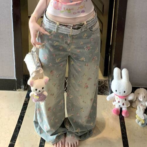 复古蓝做旧碎花阔腿拖地牛仔裤