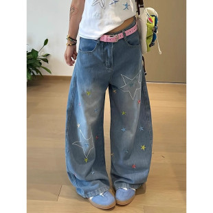 水洗宽松廓形高级感情侣休闲阔腿长裤 美式 重工星星刺绣直筒牛仔裤