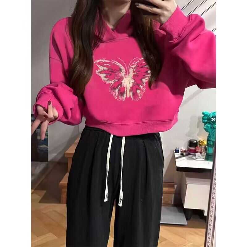 火龙果色连帽印花卫衣外套女款2024秋冬新款爆款短款长袖帽衫上衣