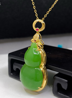 定制款18k金天然和田碧玉佛公项链坠金镶玉葫芦吊坠挂件礼物