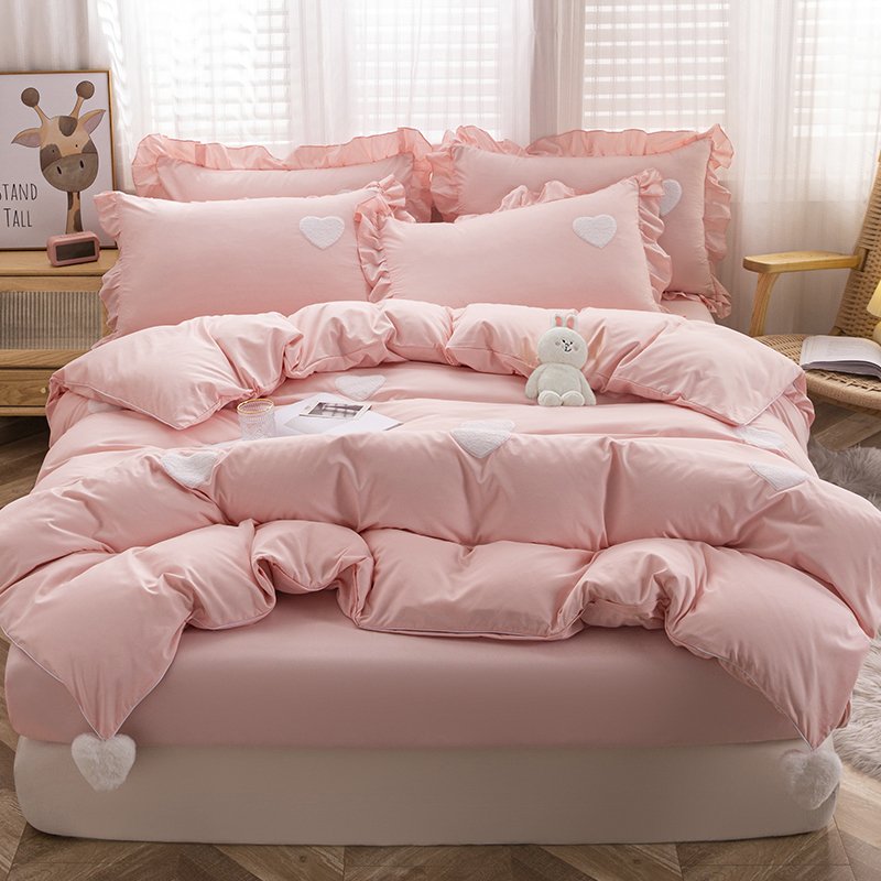 水洗棉床上四件套公主风床单被套粉色被罩三件套可爱2022新款床笠
