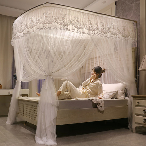 u型伸缩蚊帐家用2023新款卧室高级导轨道落地床帘加厚支架杆网红