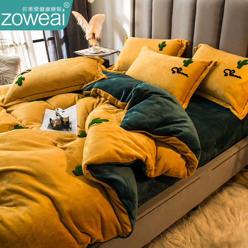 速发牛奶绒绒瑚绒上加厚三件套加绒双面珊法兰绒床品