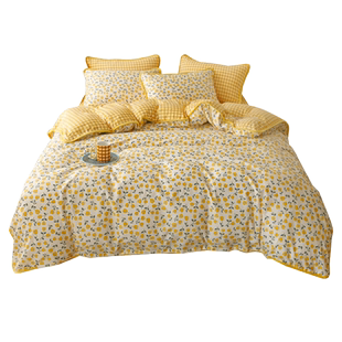 冬季牛奶珊瑚绒被套ab面一面棉一面绒四件套单面绒黄色碎花被罩女