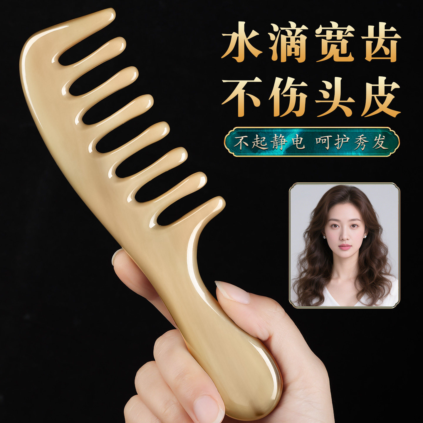 宽齿牛角梳子大齿按摩头皮经络梳正品卷发专用不打结头疗防男静电