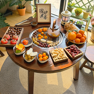电碳两用围炉煮茶桌家用室内烤火一体实木烧烤圆桌套装户外取暖桌