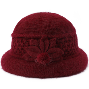 中老年帽子女冬天毛线棉帽奶奶妈妈盆帽保暖老人老太太兔毛针织帽