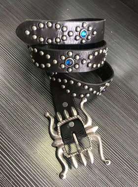 RRL新款皮带男复古黑色打钉铆钉皮带 八爪纯铜镀银皮带扣带宽33mm