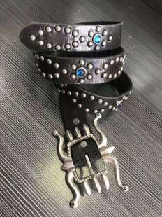 RRL新款 八爪纯铜镀银皮带扣带宽33mm 皮带男复古黑色打钉铆钉皮带