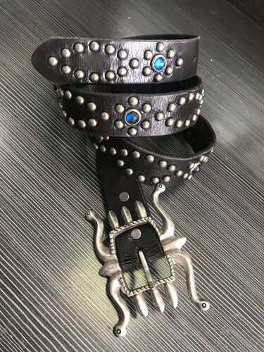 八爪牛皮复古黑色铆钉纯铜皮带扣