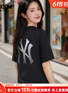 MLB26夏季新款宽松百搭男老花大Logo纯色短袖女黑色半袖T恤M08/04