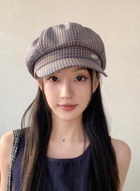 韩系格子贝雷帽女2026新款秋季帽子鸭舌帽显脸小八角帽画家帽薄款