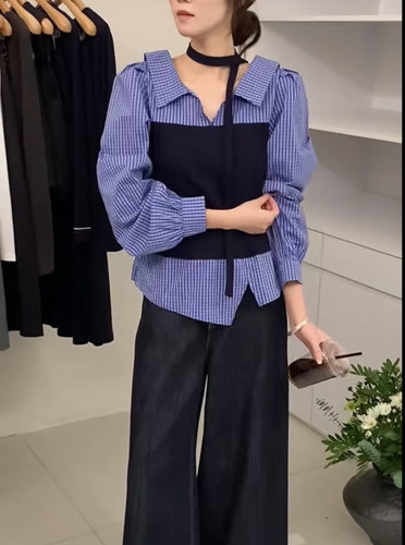 艾米缇韩系假两件一字肩上衣女春秋季新款设计感蝴蝶结长袖T恤