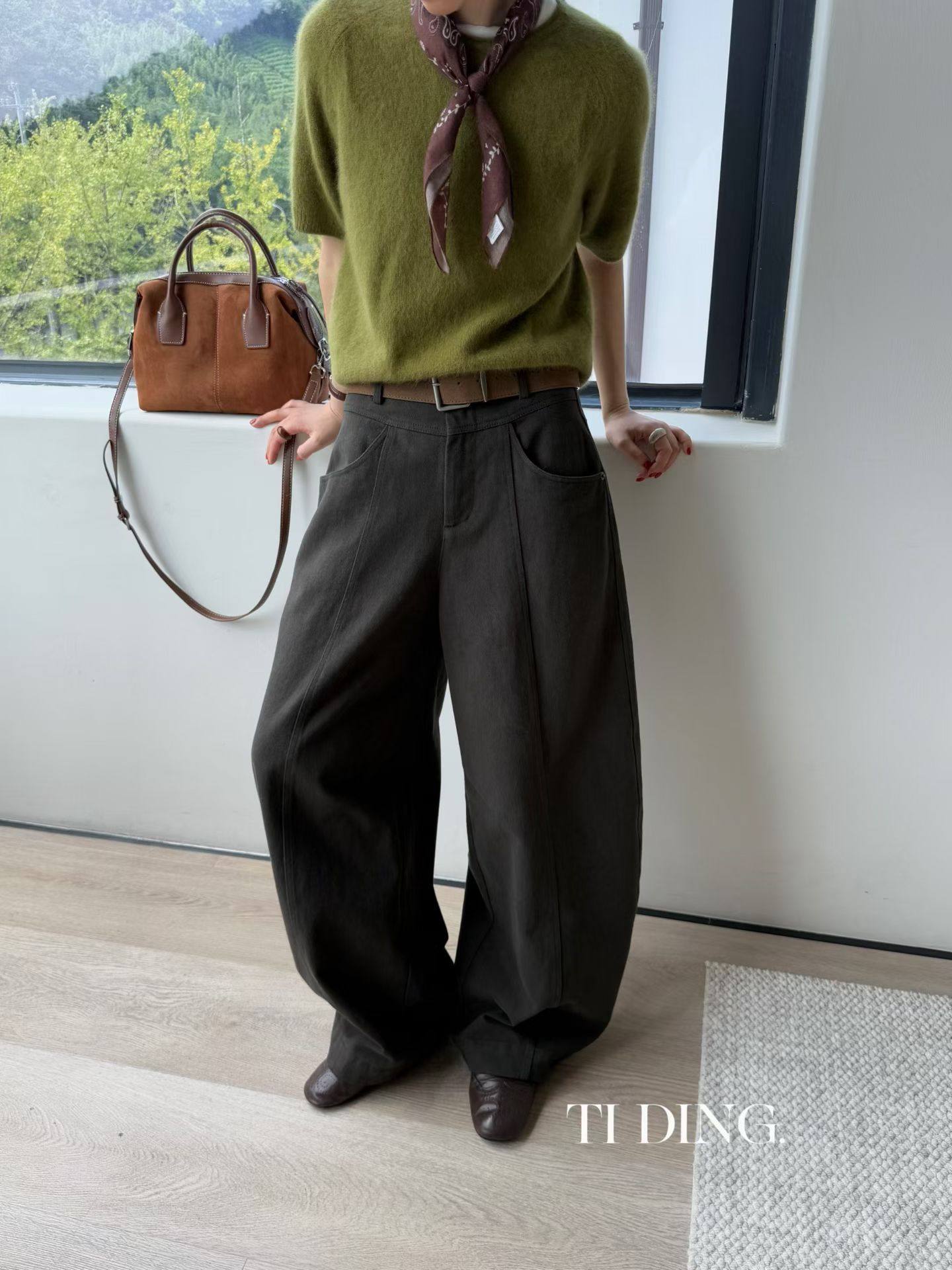 TIDING56209秋冬时尚百搭宽松显瘦磨毛休闲裤女洋气气质款弯刀裤