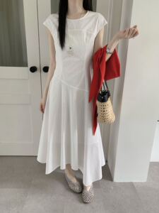 QSYL夏季小众高级感圆领系带收腰显瘦纯色长款飞飞袖连衣裙女